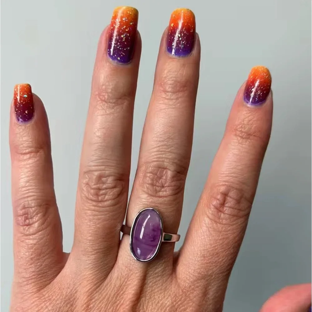 New Sterling Silver Long Oval Purple Amethyst Oblong Artisan Handmade Ring